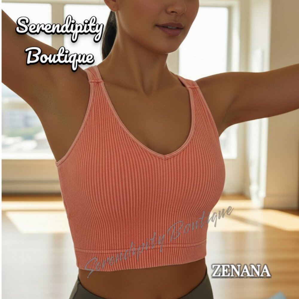 Zenana Soft Very Stretchy Coral Orange Mineral Wash V Neck Yoga Tank Bralette